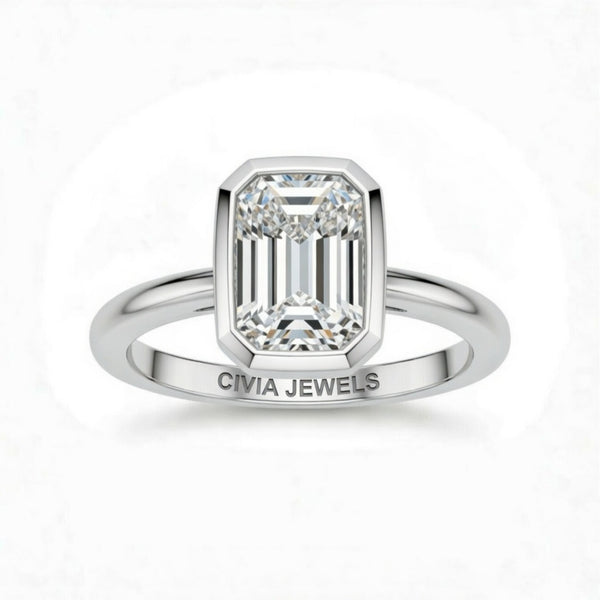 Silver Emerald Cut Bezel Set Solitaire Engagement Ring with Polished Comfort Fit Band