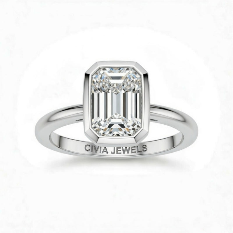 Silver Emerald Cut Bezel Set Solitaire Engagement Ring with Polished Comfort Fit Band