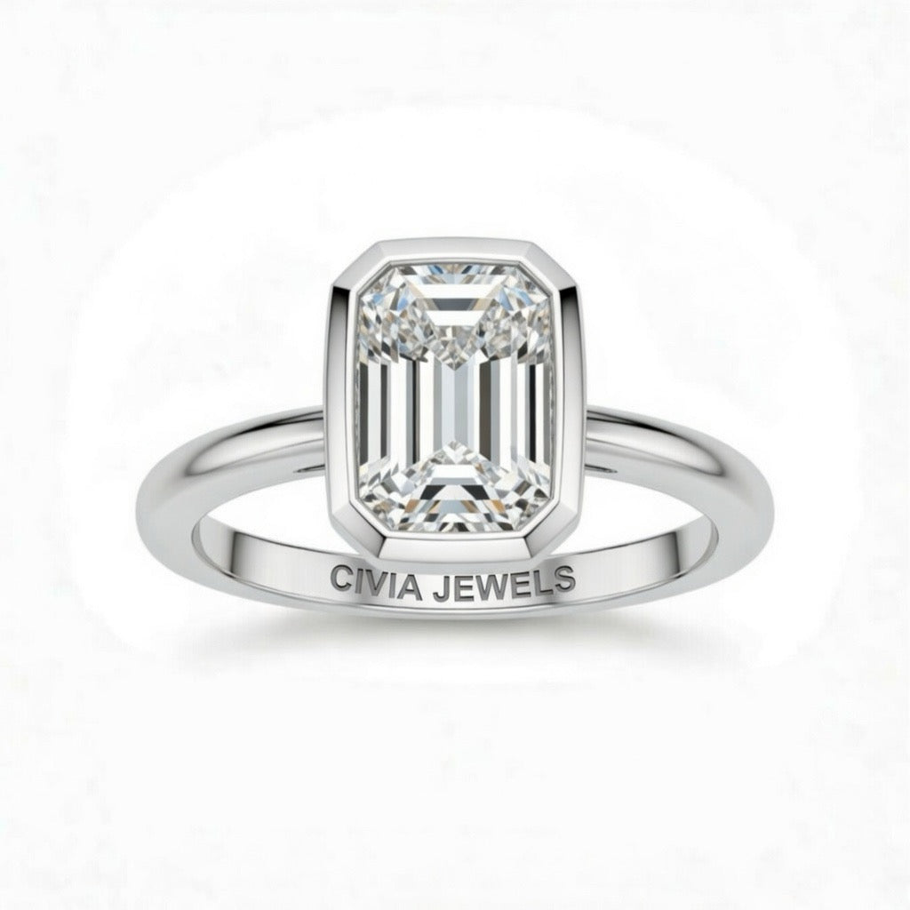 Silver Emerald Cut Bezel Set Solitaire Engagement Ring with Polished Comfort Fit Band