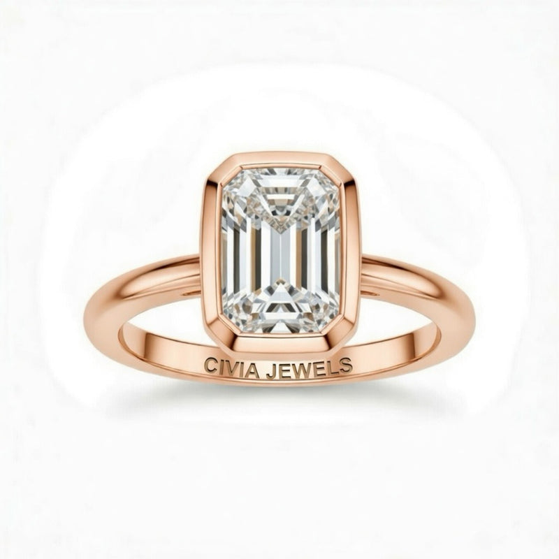 Rose Gold Emerald Cut Bezel Set Solitaire Engagement Ring with Polished Comfort Fit Band