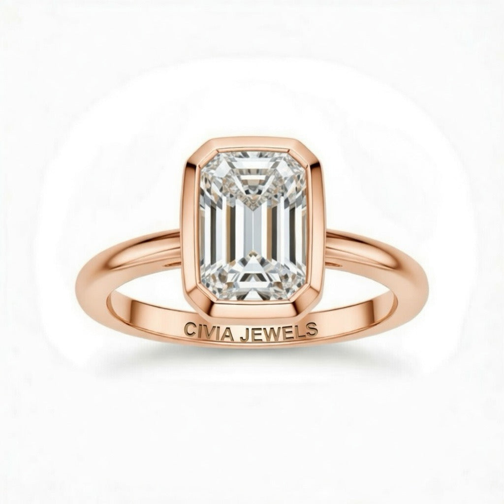 Rose Gold Emerald Cut Bezel Set Solitaire Engagement Ring with Polished Comfort Fit Band