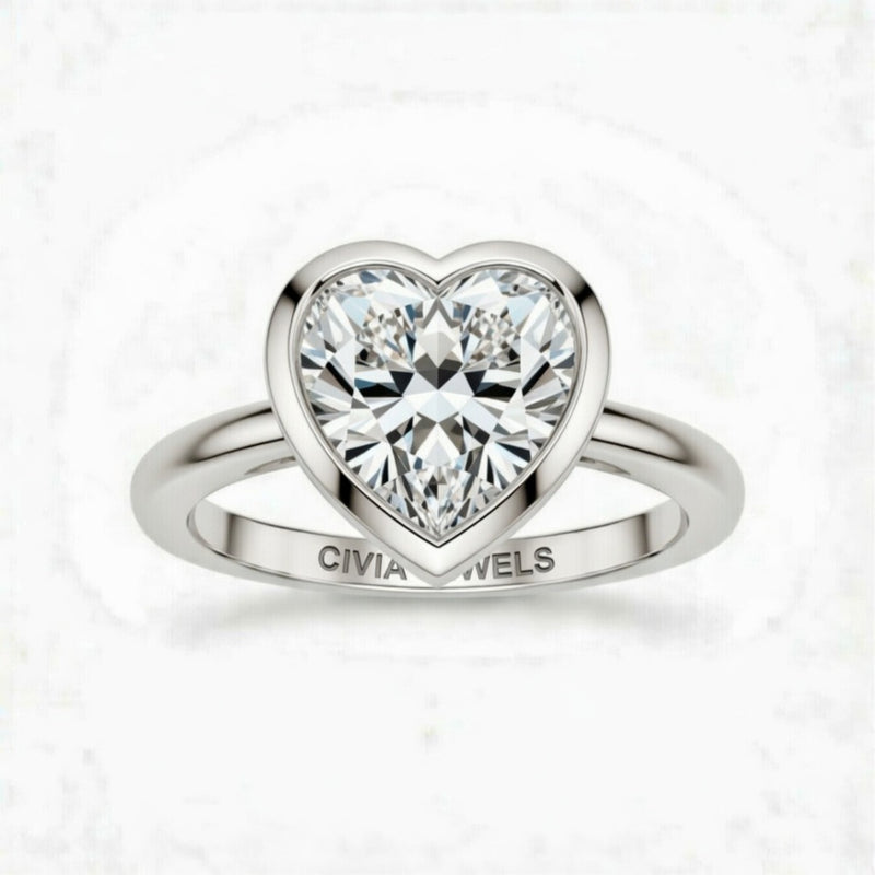 White Gold Heart Cut Bezel Set Solitaire Engagement Ring with Polished Comfort Fit Band