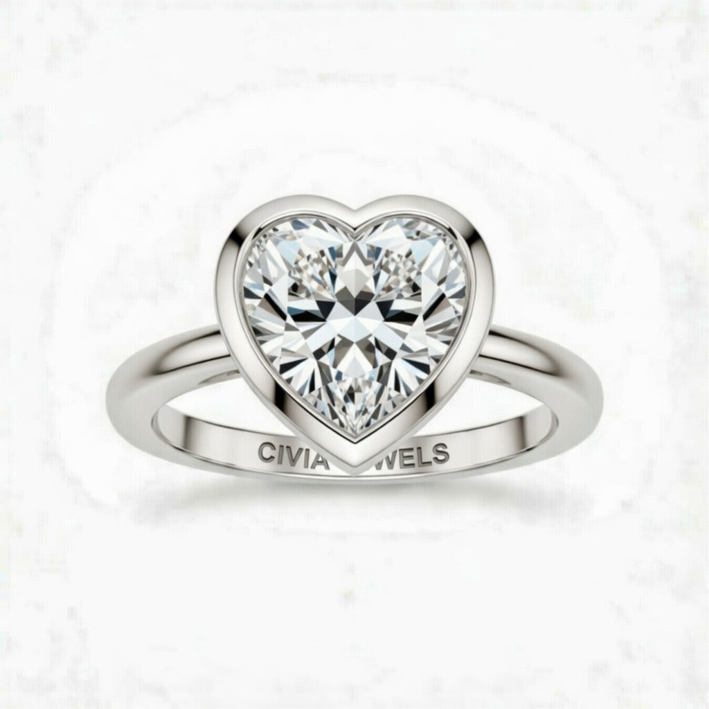 White Gold Heart Cut Bezel Set Solitaire Engagement Ring with Polished Comfort Fit Band