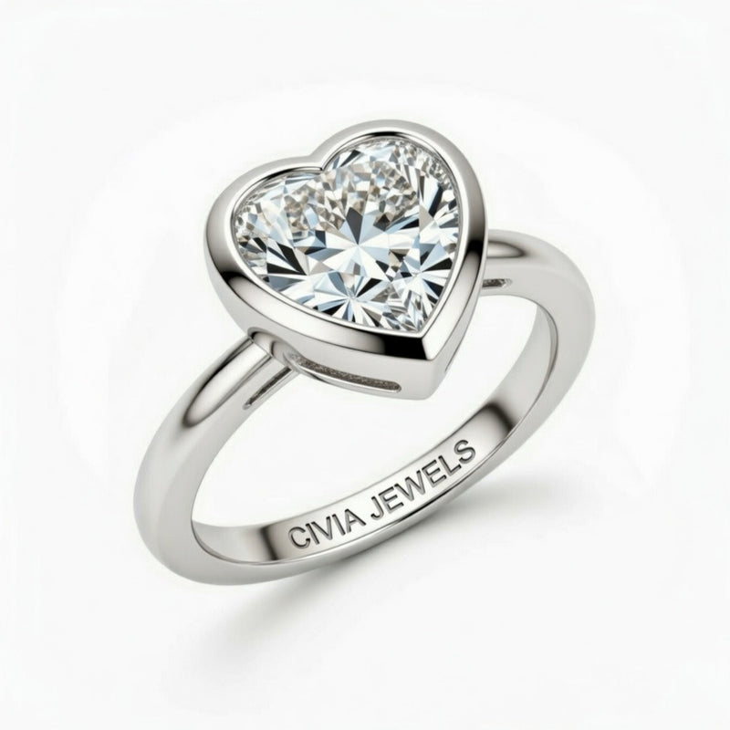 Silver Heart Cut Bezel Set Solitaire Engagement Ring with Polished Comfort Fit Band
