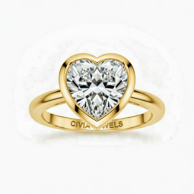Yellow Gold Heart Cut Bezel Set Solitaire Engagement Ring with Polished Comfort Fit Band