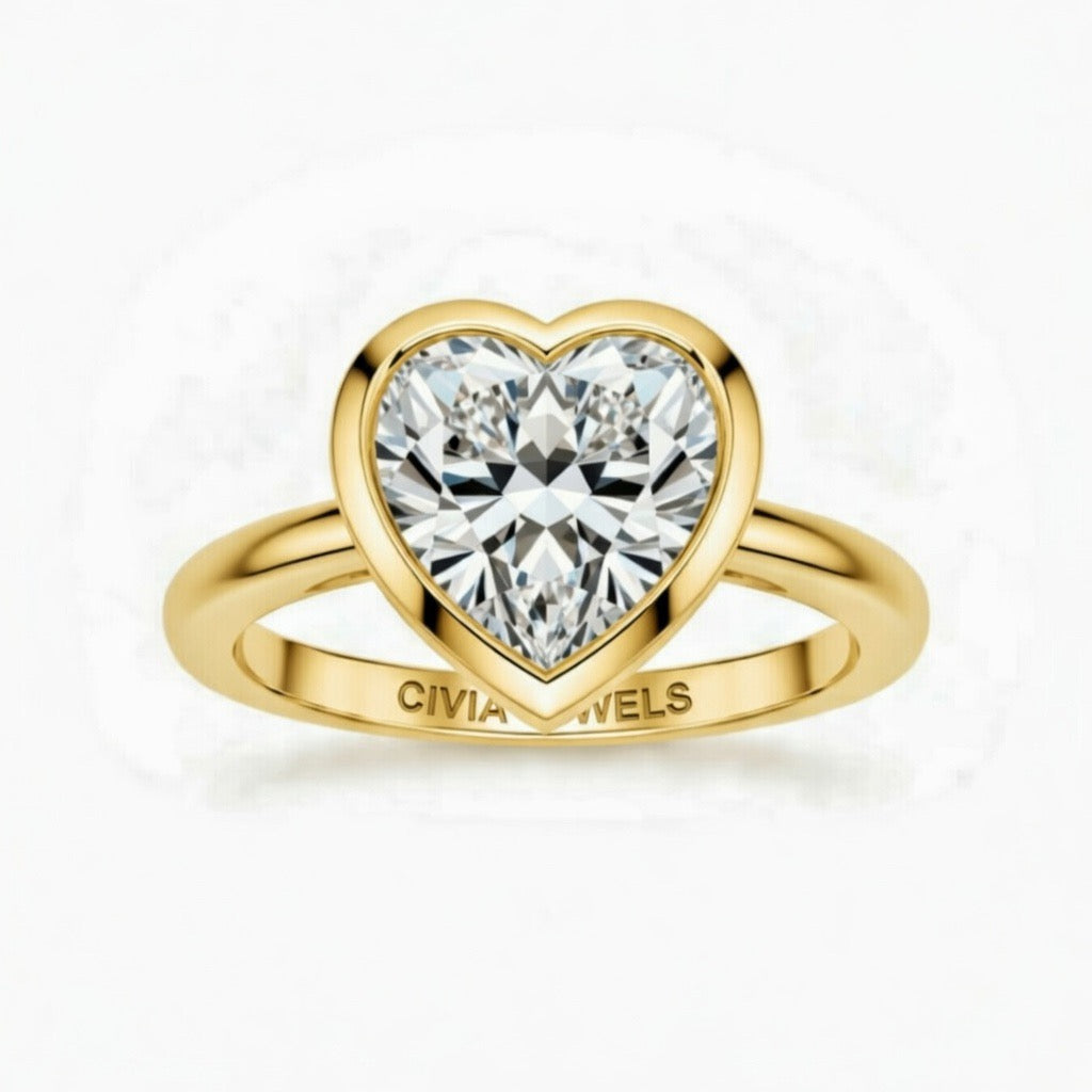 Yellow Gold Heart Cut Bezel Set Solitaire Engagement Ring with Polished Comfort Fit Band