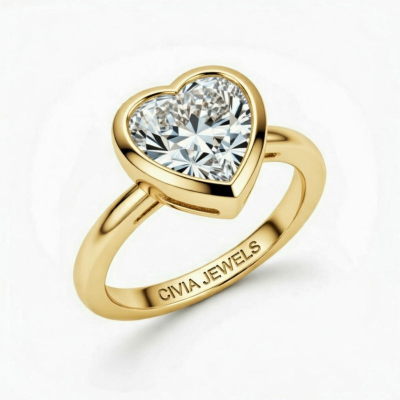 Yellow Gold Heart Cut Bezel Set Solitaire Engagement Ring with Polished Comfort Fit Band
