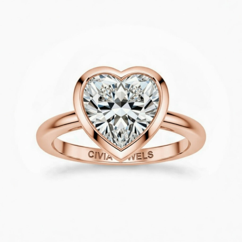 Rose Gold Heart Cut Bezel Set Solitaire Engagement Ring with Polished Comfort Fit Band