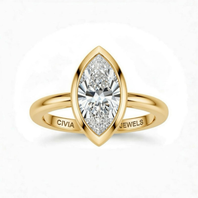 Yellow Gold Marquise Cut Bezel Set Solitaire Engagement Ring with Polished Comfort Fit Band