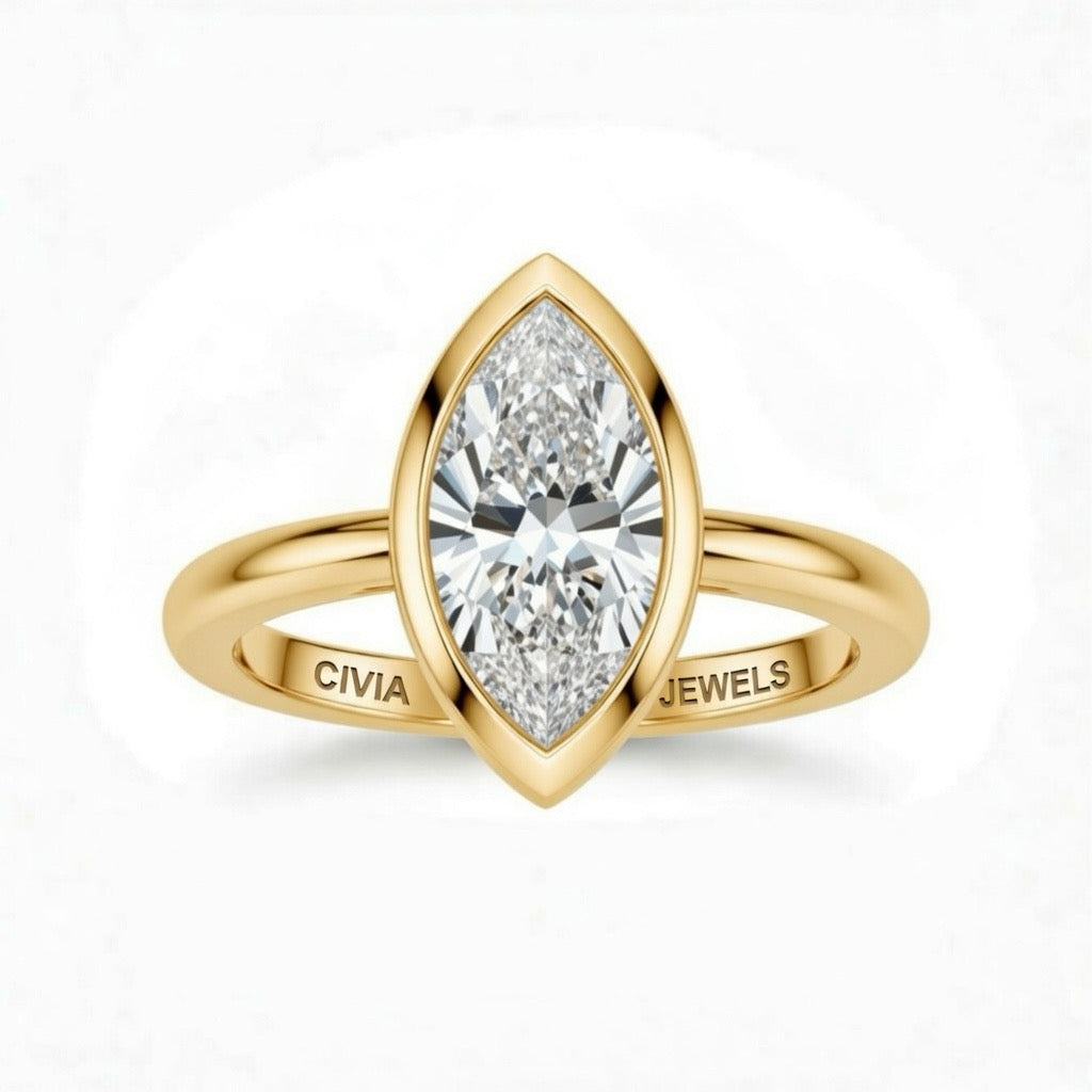 Yellow Gold Marquise Cut Bezel Set Solitaire Engagement Ring with Polished Comfort Fit Band