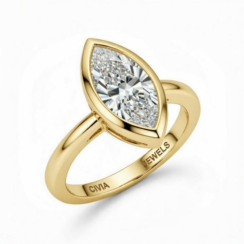 Yellow Gold Marquise Cut Bezel Set Solitaire Engagement Ring with Polished Comfort Fit Band