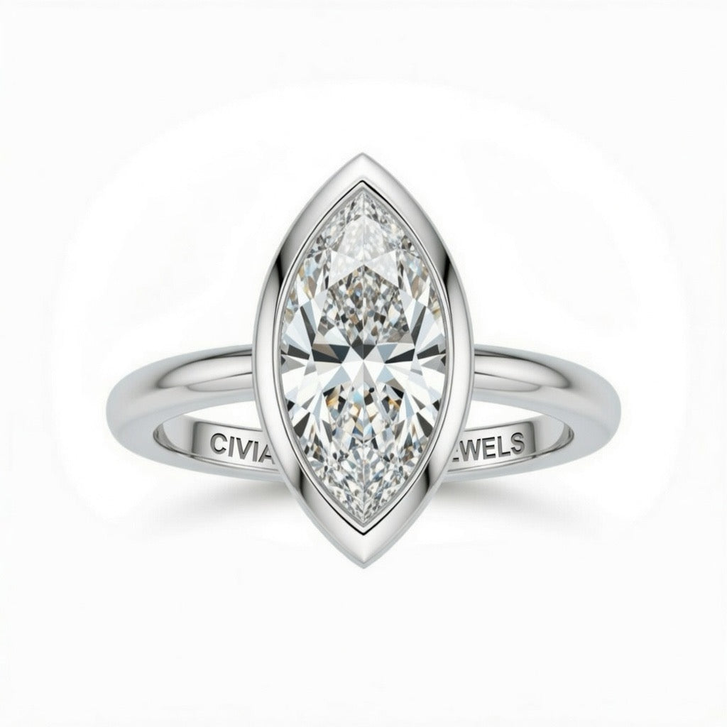 White Gold Marquise Cut Bezel Set Solitaire Engagement Ring with Polished Comfort Fit Band