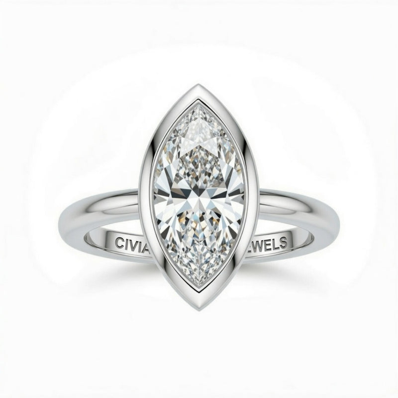 Silver Marquise Cut Bezel Set Solitaire Engagement Ring with Polished Comfort Fit Band