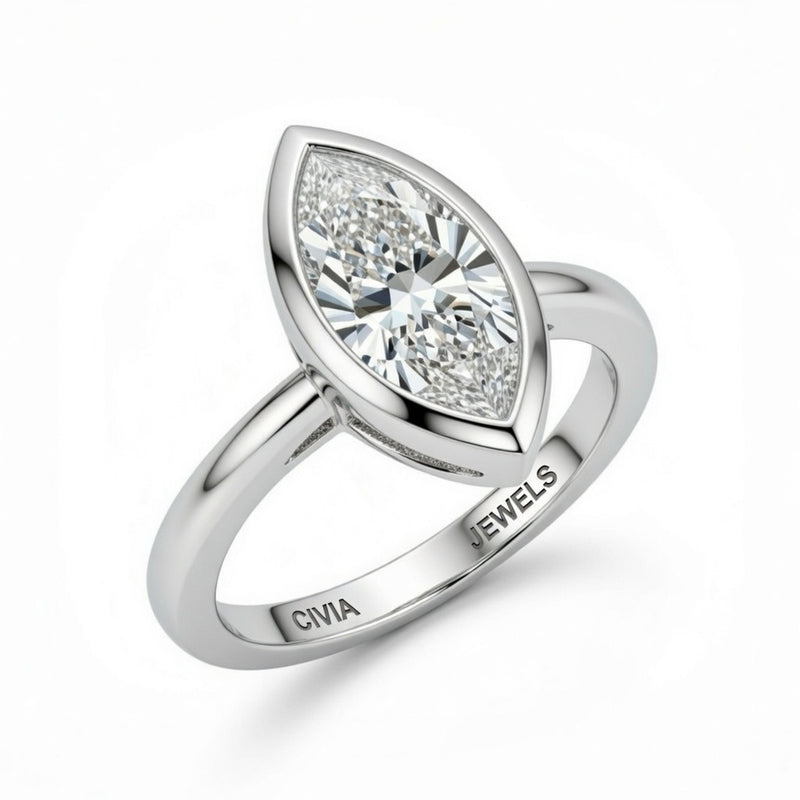White Gold Marquise Cut Bezel Set Solitaire Engagement Ring with Polished Comfort Fit Band