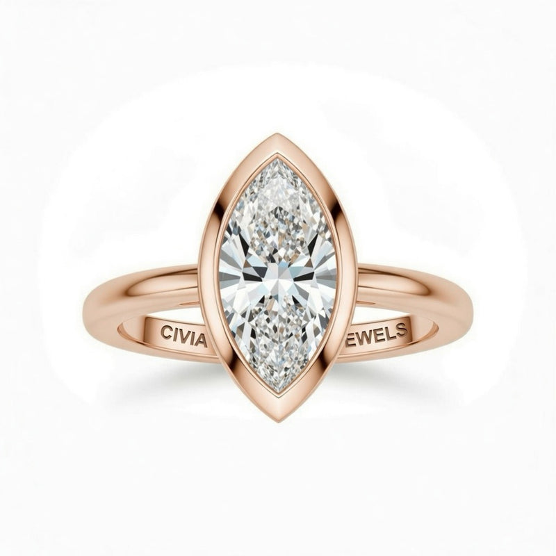 Rose Gold Marquise Cut Bezel Set Solitaire Engagement Ring with Polished Comfort Fit Band