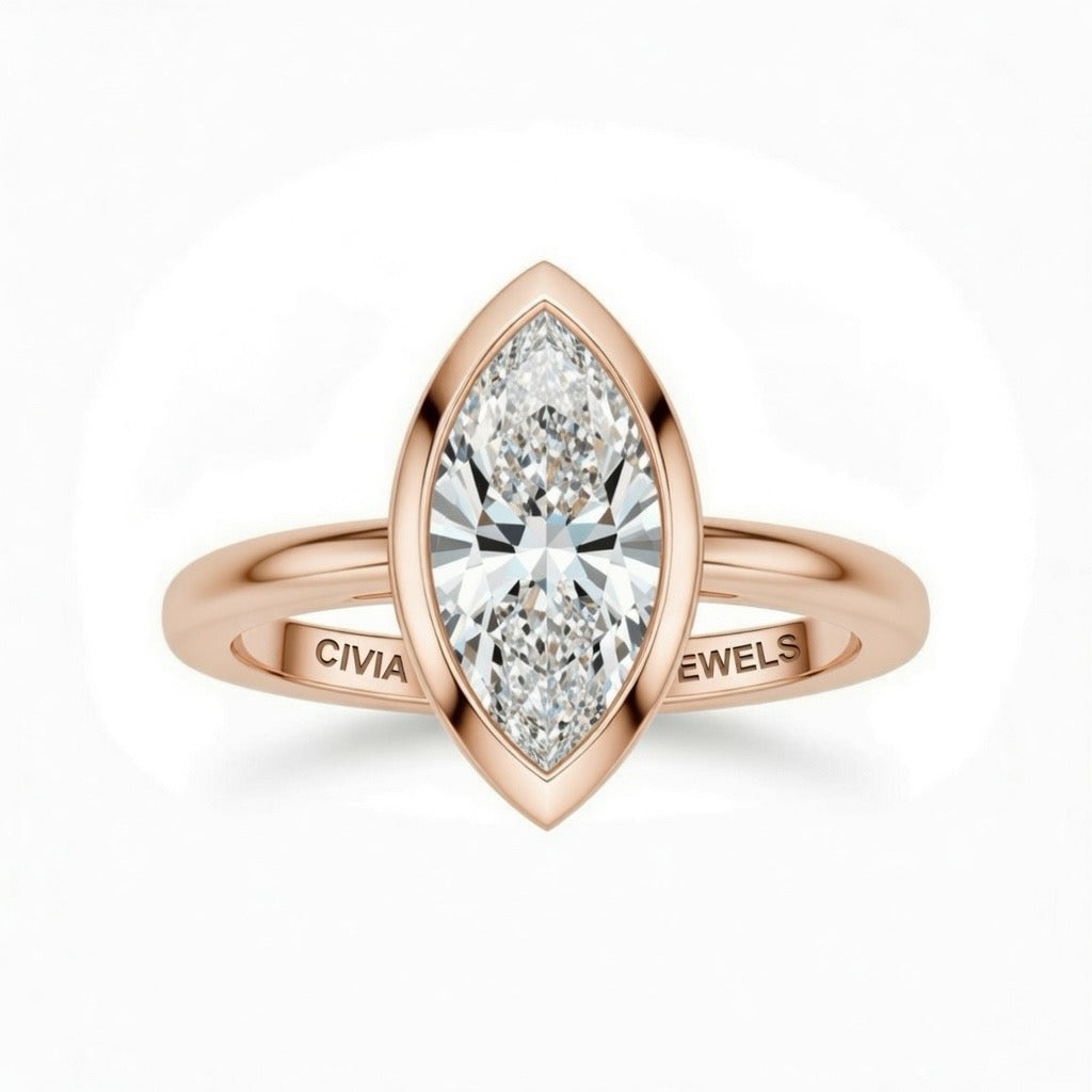 Rose Gold Marquise Cut Bezel Set Solitaire Engagement Ring with Polished Comfort Fit Band