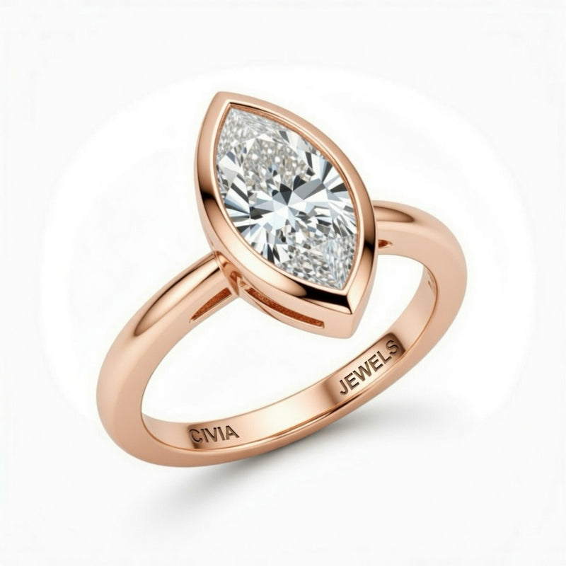 Rose Gold Marquise Cut Bezel Set Solitaire Engagement Ring with Polished Comfort Fit Band