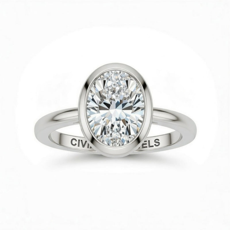 White Gold Oval Cut Bezel Set Solitaire Engagement Ring with Polished Comfort Fit Band