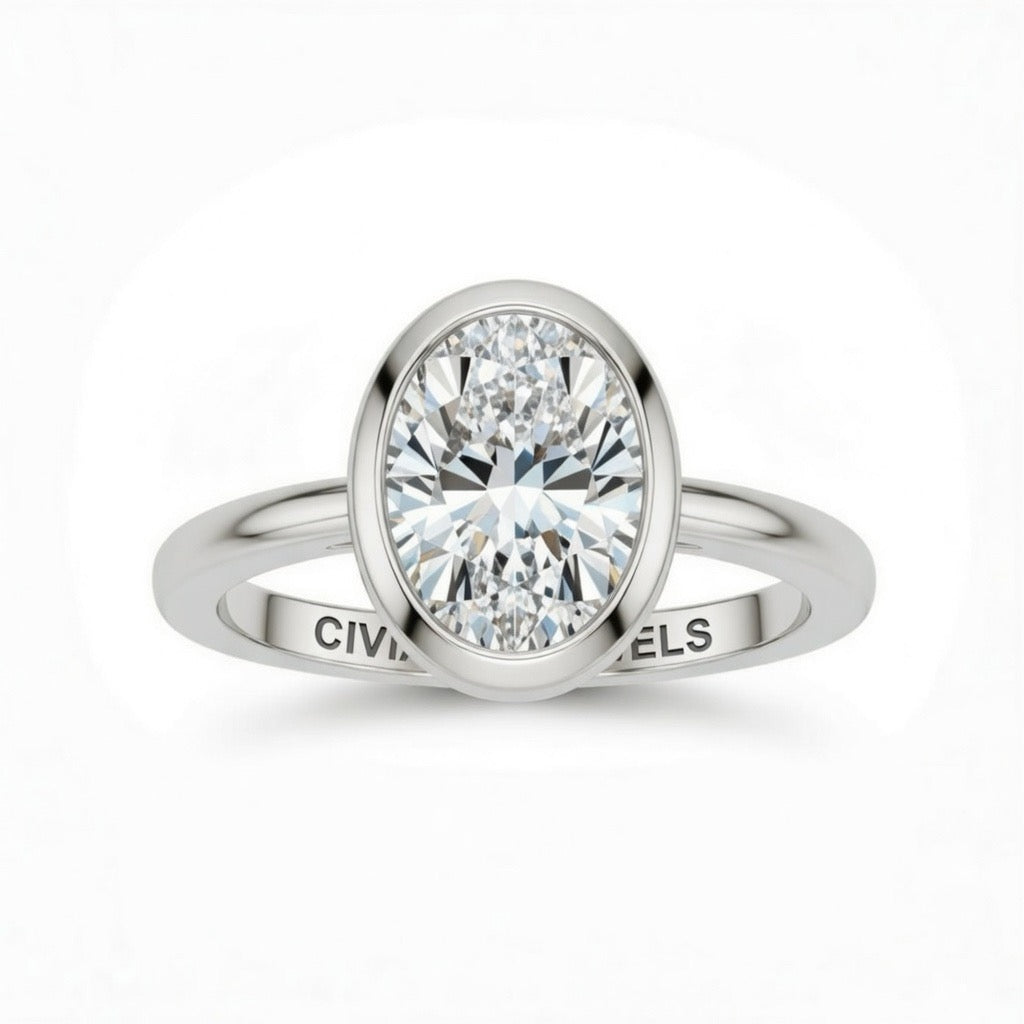 White Gold Oval Cut Bezel Set Solitaire Engagement Ring with Polished Comfort Fit Band
