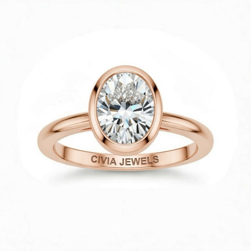 Rose Gold Oval Cut Bezel Set Solitaire Engagement Ring with Polished Comfort Fit Band