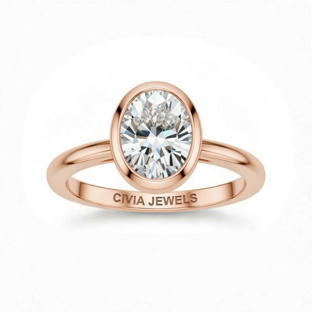 Rose Gold Oval Cut Bezel Set Solitaire Engagement Ring with Polished Comfort Fit Band