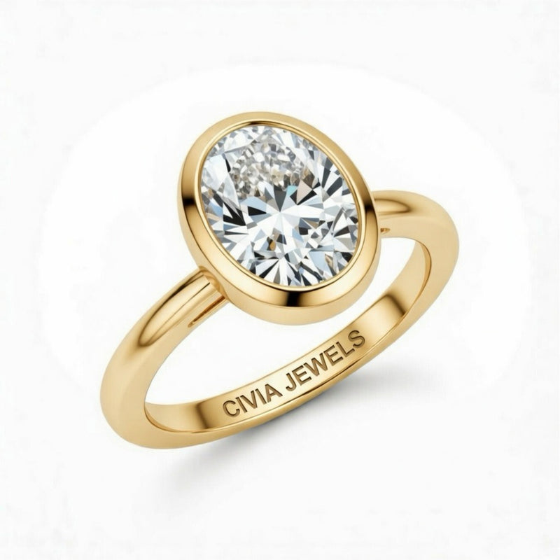 Yellow Gold Oval Cut Bezel Set Solitaire Engagement Ring with Polished Comfort Fit Band