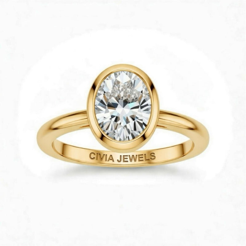 Yellow Gold Oval Cut Bezel Set Solitaire Engagement Ring with Polished Comfort Fit Band