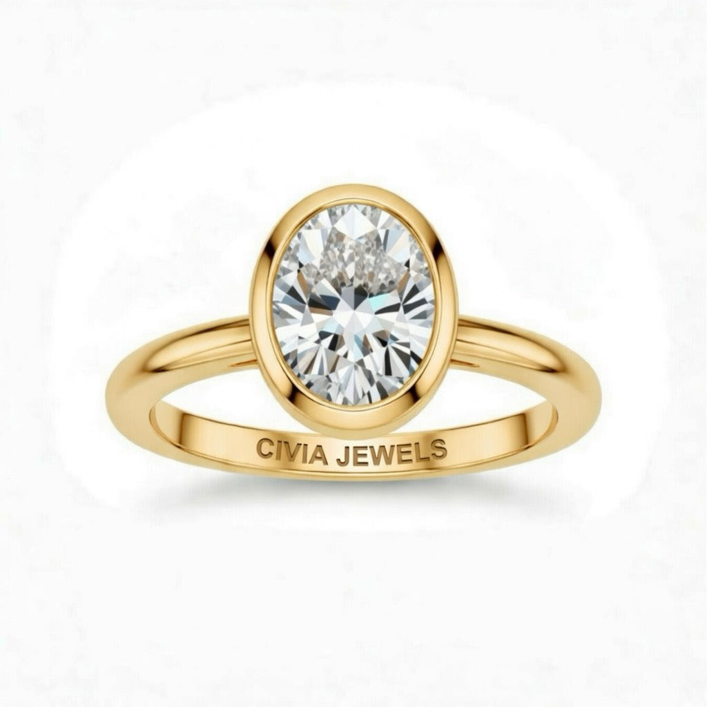 Yellow Gold Oval Cut Bezel Set Solitaire Engagement Ring with Polished Comfort Fit Band