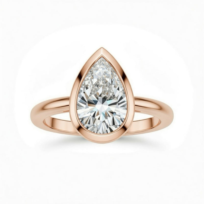 Rose Gold Pear Cut Bezel Set Solitaire Engagement Ring with Polished Comfort Fit Band