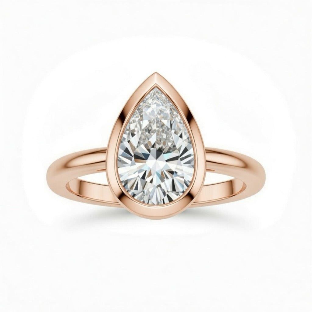 Rose Gold Pear Cut Bezel Set Solitaire Engagement Ring with Polished Comfort Fit Band