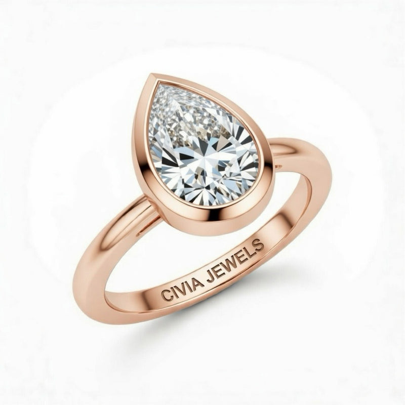 Rose Gold Pear Cut Bezel Set Solitaire Engagement Ring with Polished Comfort Fit Band