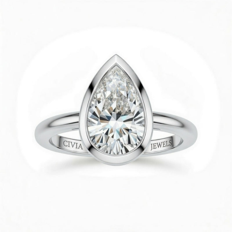 Silver Pear Cut Bezel Set Solitaire Engagement Ring with Polished Comfort Fit Band