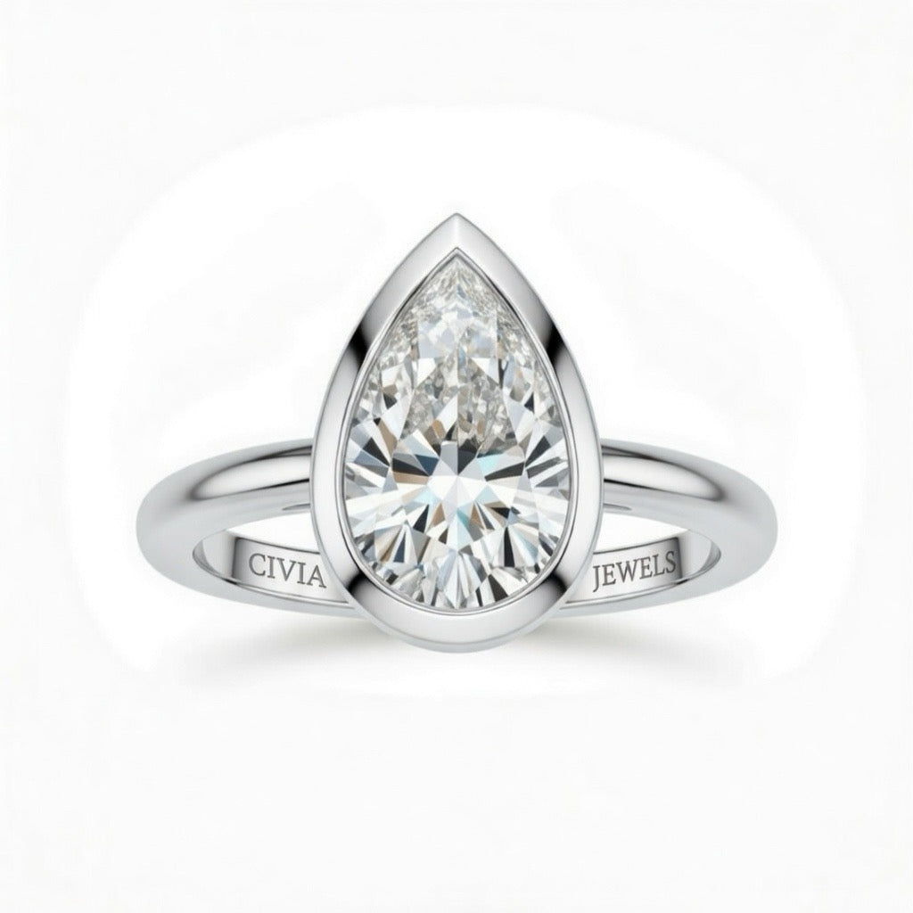 Silver Pear Cut Bezel Set Solitaire Engagement Ring with Polished Comfort Fit Band