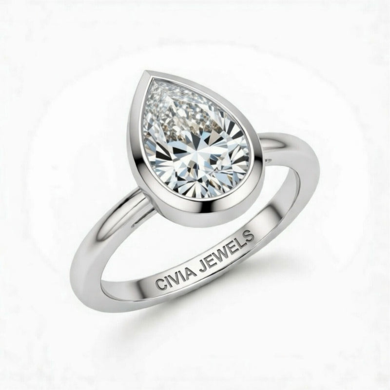 White Gold Pear Cut Bezel Set Solitaire Engagement Ring with Polished Comfort Fit Band
