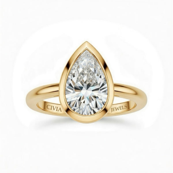 Yellow Gold Pear Cut Bezel Set Solitaire Engagement Ring with Polished Comfort Fit Band