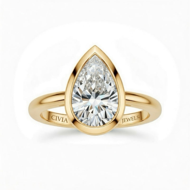 Yellow Gold Pear Cut Bezel Set Solitaire Engagement Ring with Polished Comfort Fit Band