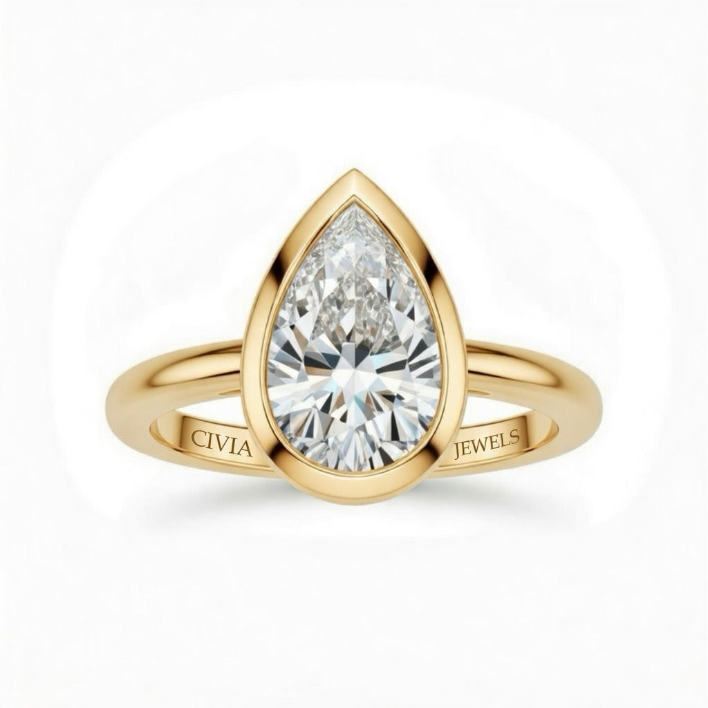 Yellow Gold Pear Cut Bezel Set Solitaire Engagement Ring with Polished Comfort Fit Band