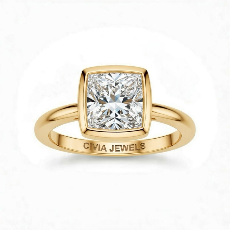 Yellow Gold Princess Cut Bezel Set Solitaire Engagement Ring with Polished Comfort Fit Band