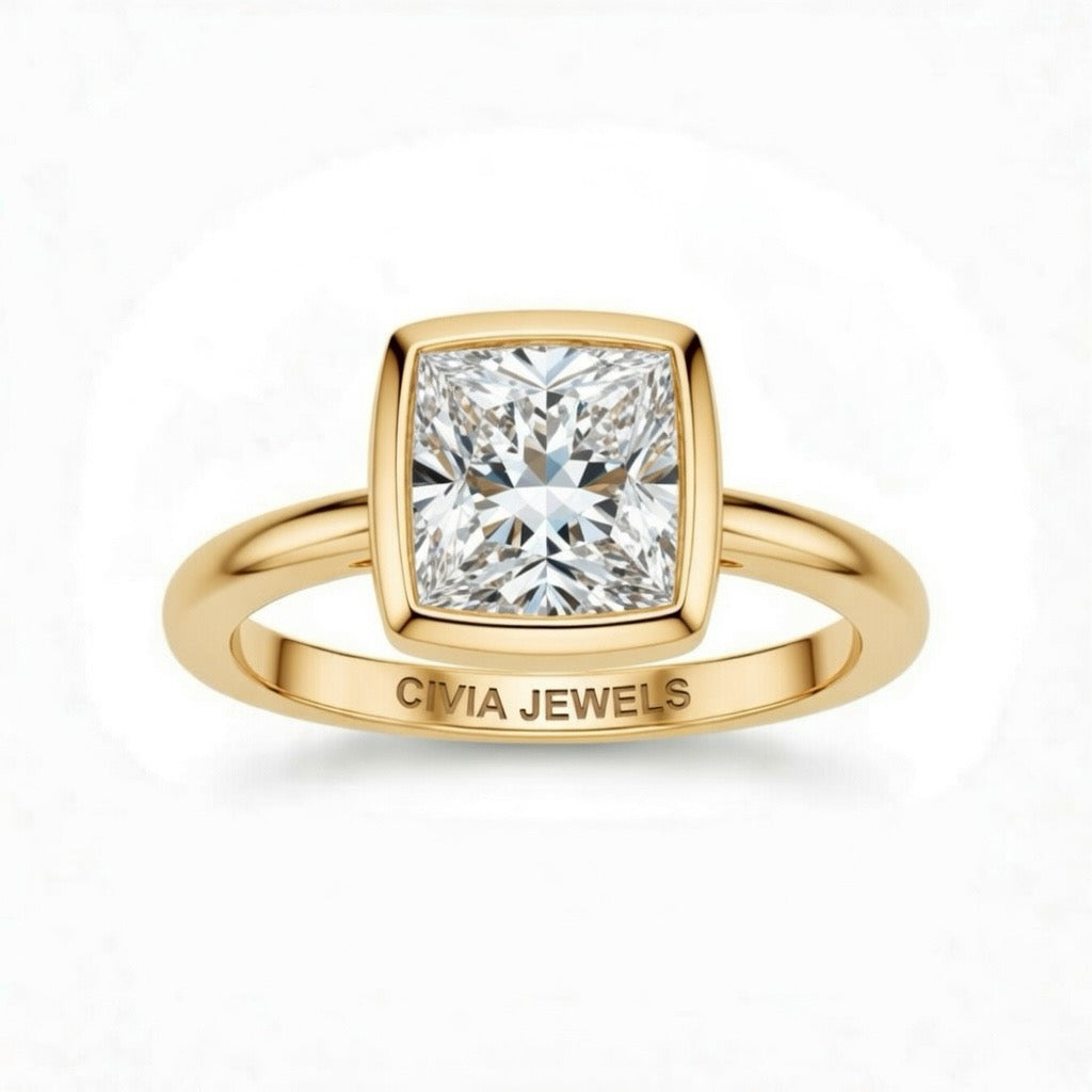 Yellow Gold Princess Cut Bezel Set Solitaire Engagement Ring with Polished Comfort Fit Band