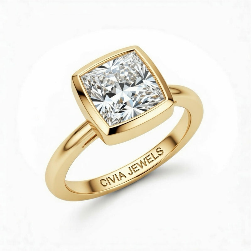 Yellow Gold Princess Cut Bezel Set Solitaire Engagement Ring with Polished Comfort Fit Band