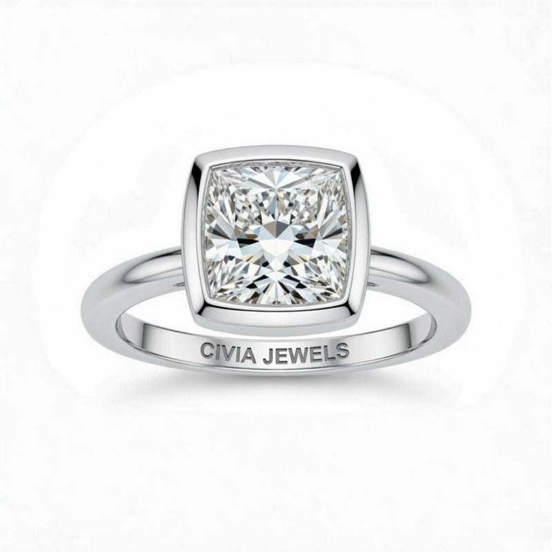 White Gold Princess Cut Bezel Set Solitaire Engagement Ring with Polished Comfort Fit Band