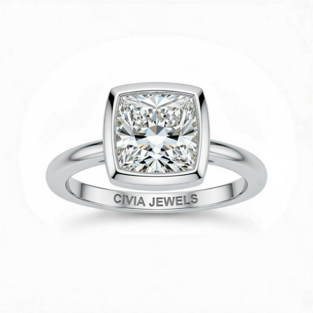 Silver Princess Cut Bezel Set Solitaire Engagement Ring with Polished Comfort Fit Band