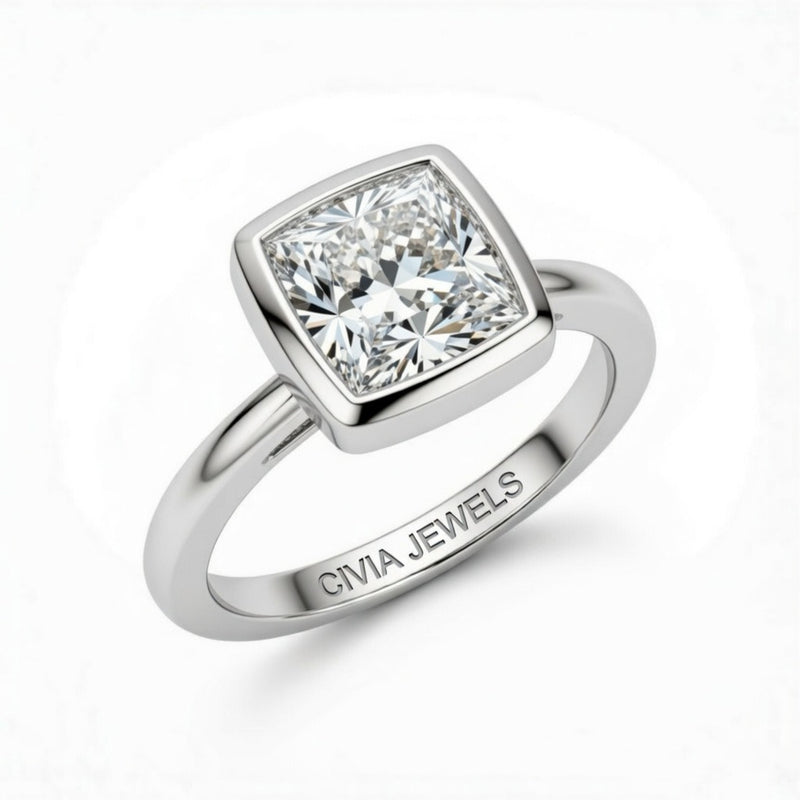 Silver Princess Cut Bezel Set Solitaire Engagement Ring with Polished Comfort Fit Band