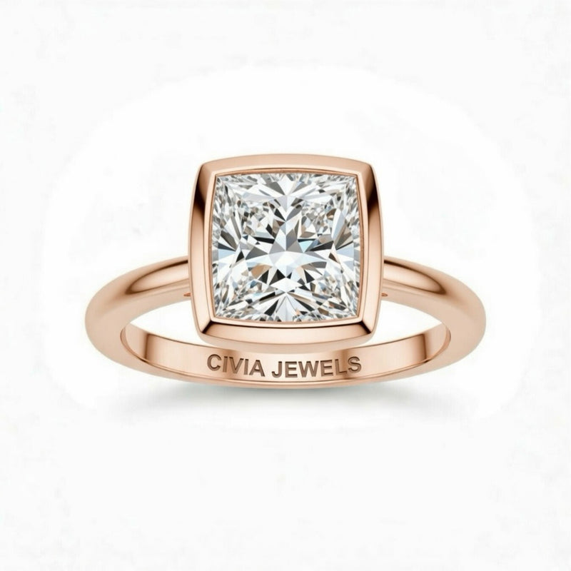 Rose Gold Princess Cut Bezel Set Solitaire Engagement Ring with Polished Comfort Fit Band