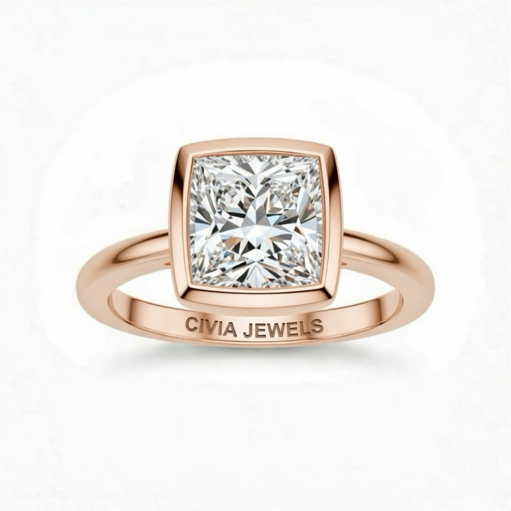 Rose Gold Princess Cut Bezel Set Solitaire Engagement Ring with Polished Comfort Fit Band