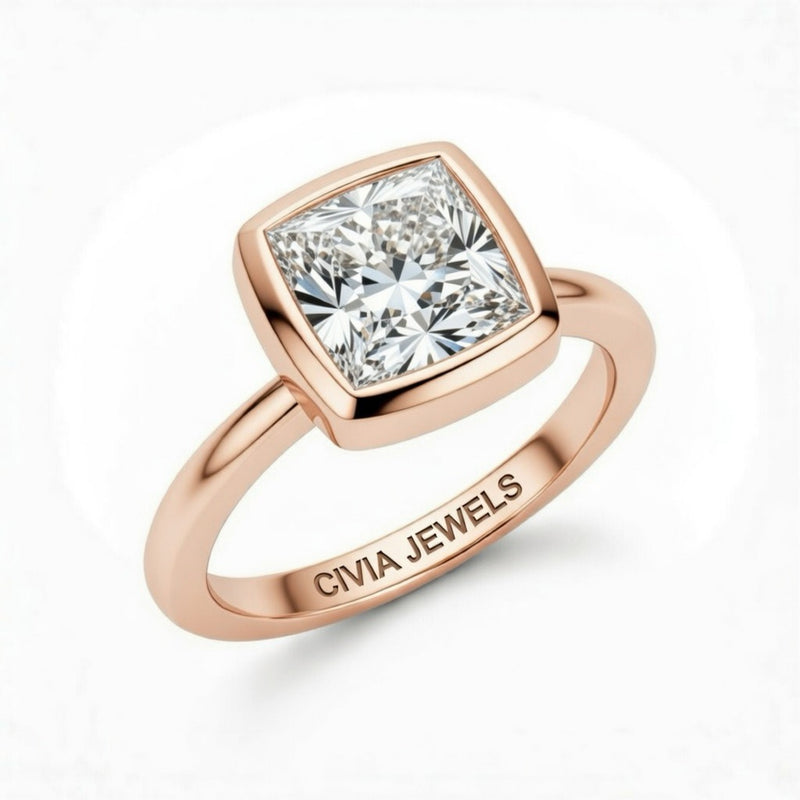 Rose Gold Princess Cut Bezel Set Solitaire Engagement Ring with Polished Comfort Fit Band