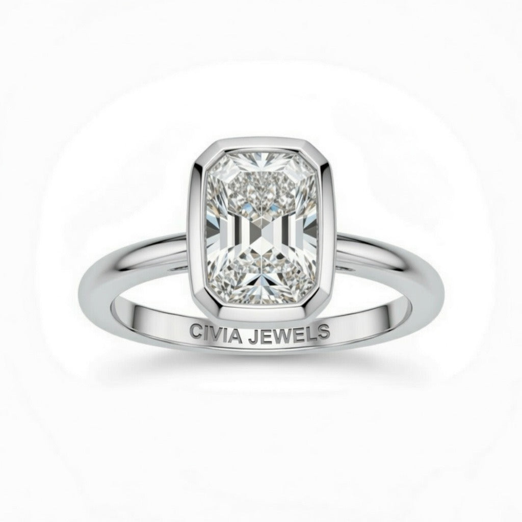White Gold Radiant Cut Bezel Set Solitaire Engagement Ring with Polished Comfort Fit Band