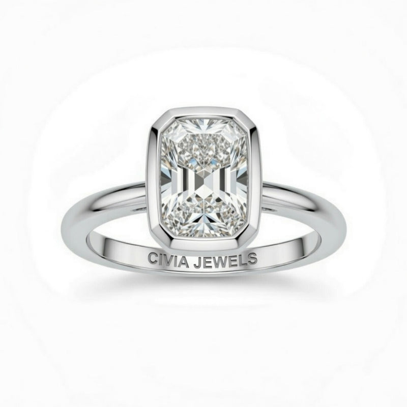 Silver Radiant Cut Bezel Set Solitaire Engagement Ring with Polished Comfort Fit Band