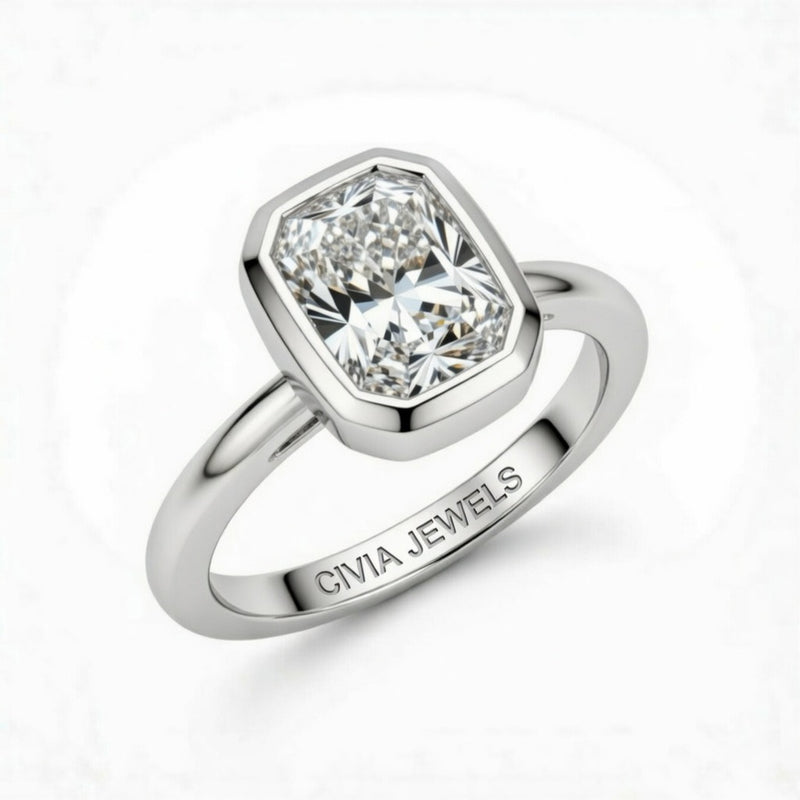 White Gold Radiant Cut Bezel Set Solitaire Engagement Ring with Polished Comfort Fit Band