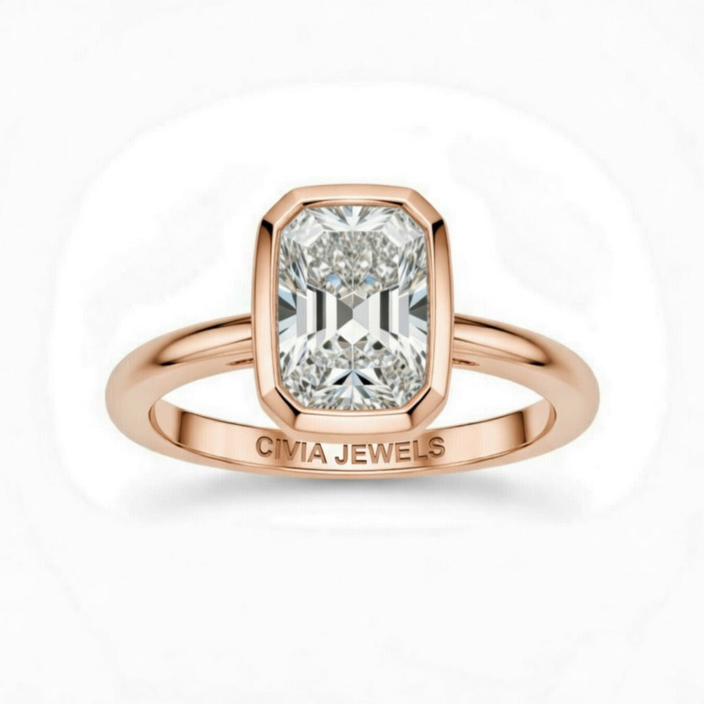 Rose Gold Radiant Cut Bezel Set Solitaire Engagement Ring with Polished Comfort Fit Band